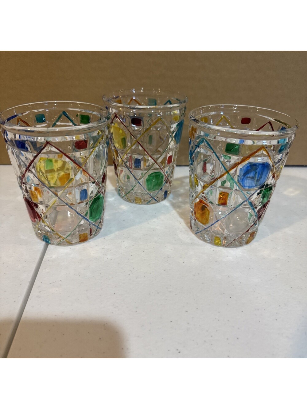 3 hand-painted diamond whiskey glasses- harlequin stained-glass style [COPY]